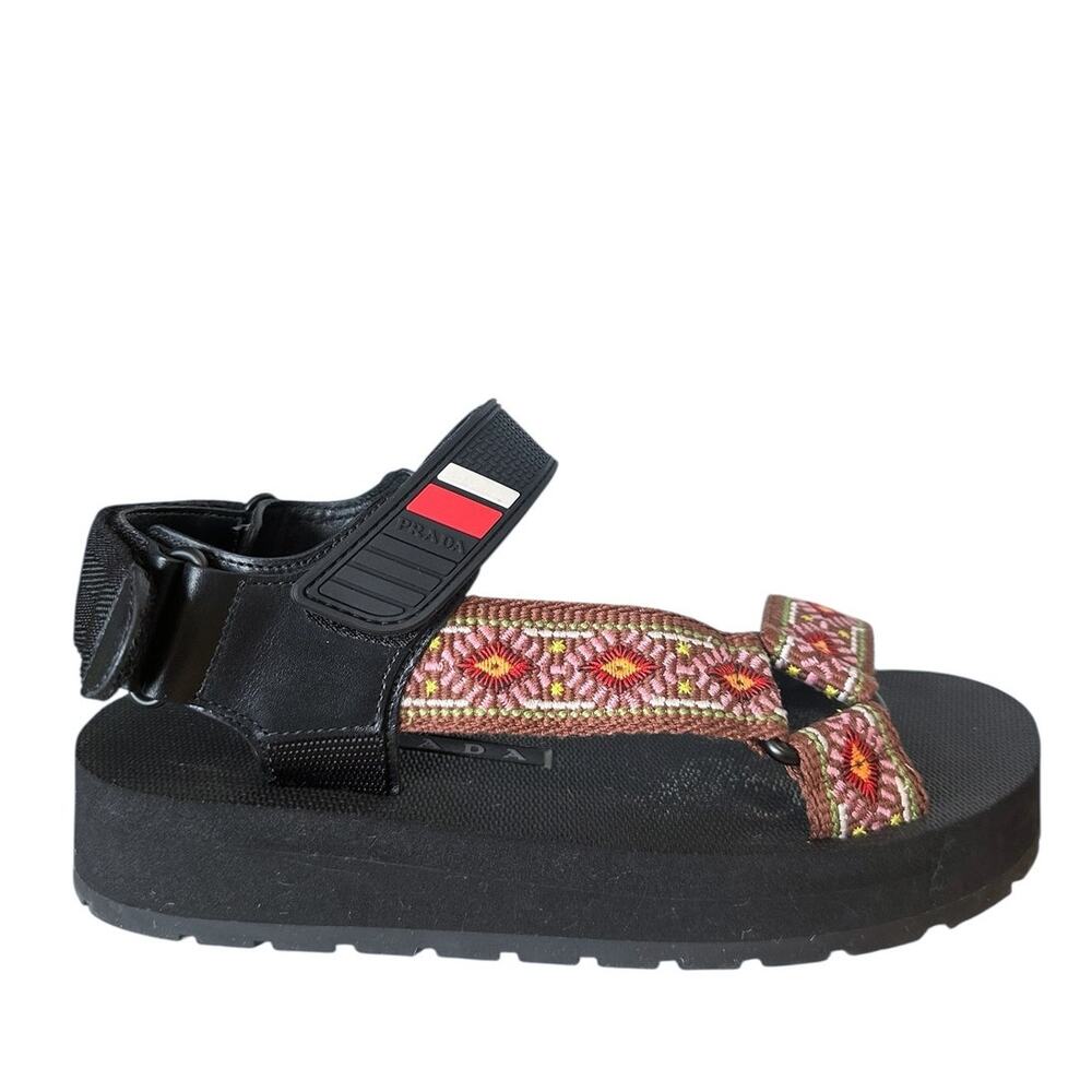 PRADA Embroidered Nomad  Platform Trekking Sandals Black Brown 36.5